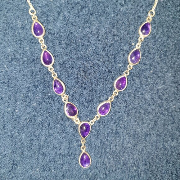 Vintage Victorian 10ct Natural Amethyst Cabochon 925 Sterling Silver Necklace - Picture 8 of 12